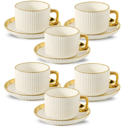 Ceramic Cappuccino Cups with Saucers Set of 6 – 8oz Coffee Mugs with Golden Trim, Latte Art Cups for Espresso Mocha, British Italian Style Café Cups and Saucer Sets for Home Kitchen