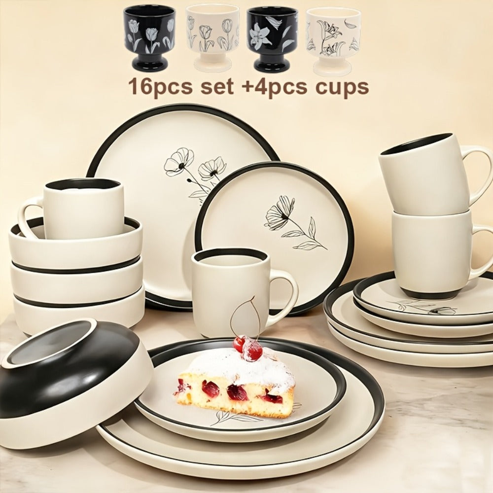 Ceramic Dinnerware Set for 4 – Porcelain Plates Bowls Cups Matte Finish Dishwasher Microwave Oven Safe Stoneware Tableware Scratch Resistant for Restaurant Kitchen Wedding Anniversary Gift