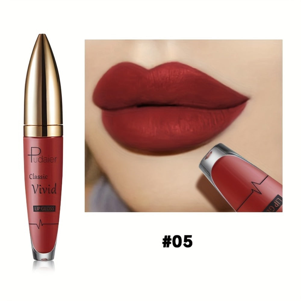 Matte Liquid Lip Color in Seven Numbered Shades with 8.5cm Clear Tube and Pointed Gold Cap