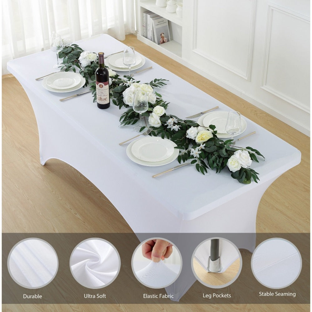 Tablecloth Fitted Stretch Cover Set for 4, 6 or 8-Foot Rectangle Tables in 3 or 5-Piece Packs