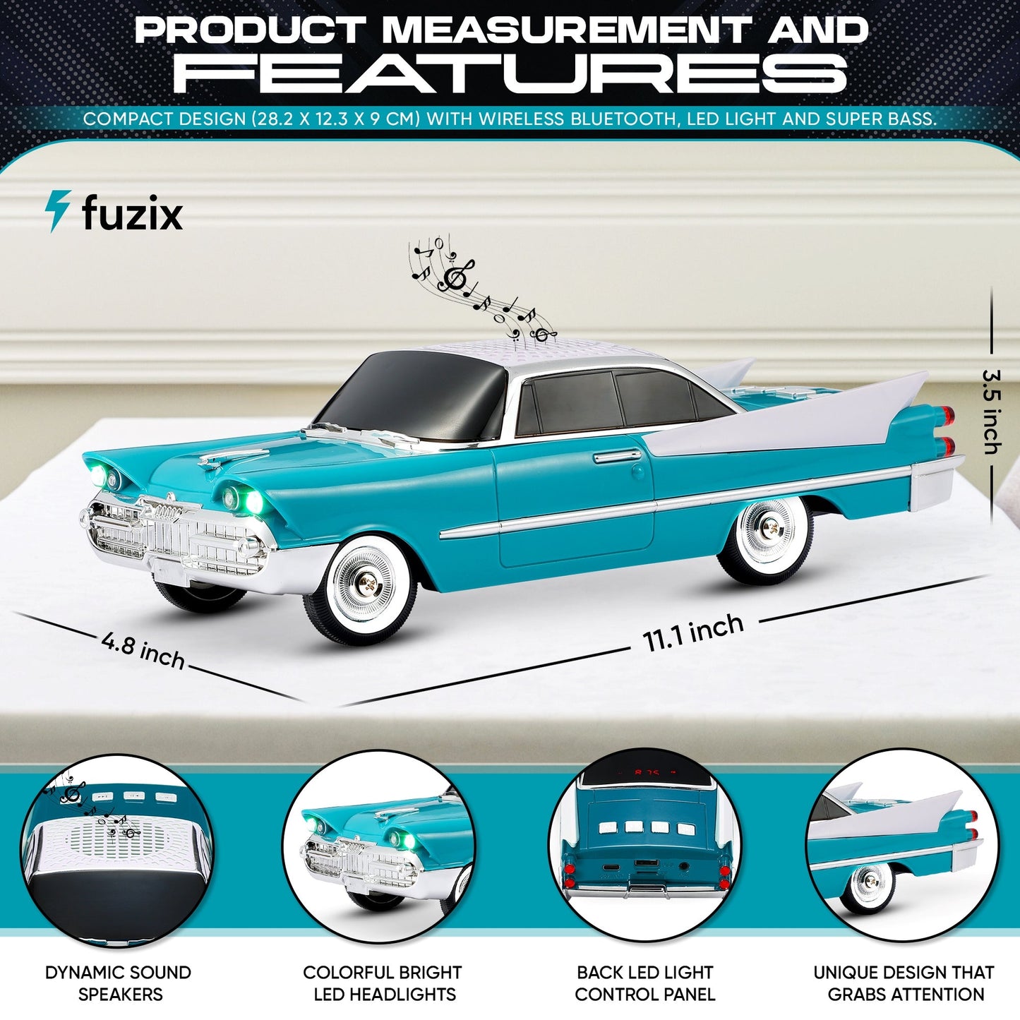 Portable Bluetooth Speaker Fuzix WS-1965 Retro Car with LED Lights, Mic, FM, AUX, USB and TF