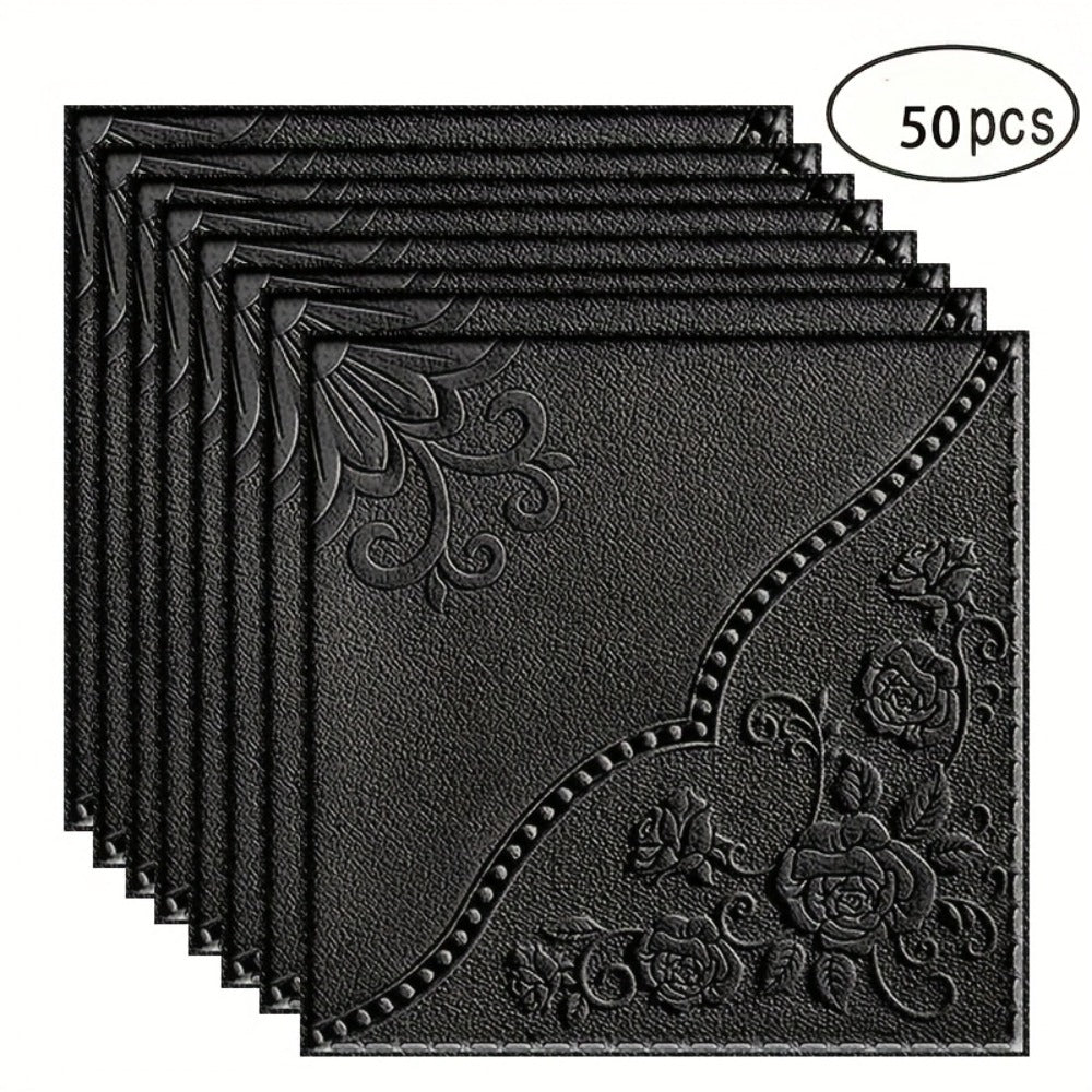 Fifty-Piece Embossed Floral-Curve Wall Tile Sticker Set with 35 cm Square Panels in Four Colors