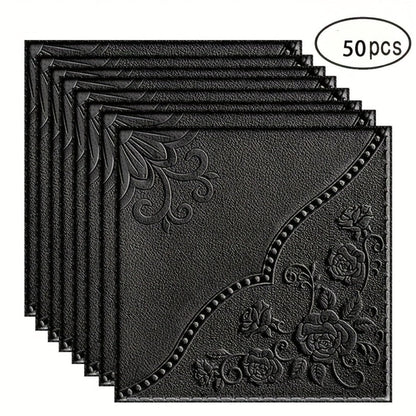 Fifty-Piece Embossed Floral-Curve Wall Tile Sticker Set with 35 cm Square Panels in Four Colors