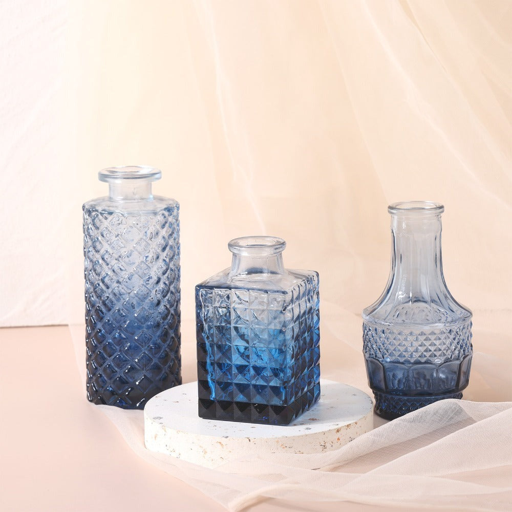 Eighteen-Piece Blue Vintage-Style Glass Bud Vase Set with Assorted 3- to 6-Inch Shapes for Table Displays