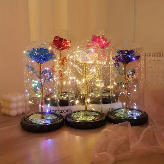LED Rose Flower in Glass Dome, Eternal Foil Rose with LED Light, Romantic Valentine's Day Gift for Girlfriend, Mother's Day Wedding Bridesmaid Desktop Decoration, Battery Powered