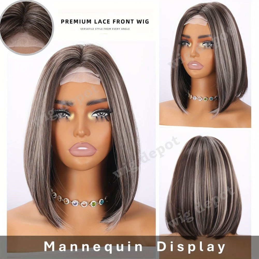 U Part Lace Front Bob Wig 4x1 Glueless Rose Net Cap Middle Part Natural Hairline Synthetic Wig for Women 14 Inch Brown Highlights Milky White Black Pink