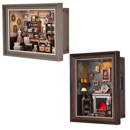Seam House Book Nook Kit with Framed Sewing-Room Scene and Standard, Fireplace or Dwarf Style Options