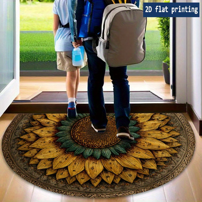 Sunflower Mandala Door Mat Semi-Circle Retro Floral Welcome Mat Soft Machine Washable Non-Slip Rug for Porch Front Door Kitchen Entryway Indoor Outdoor Decor