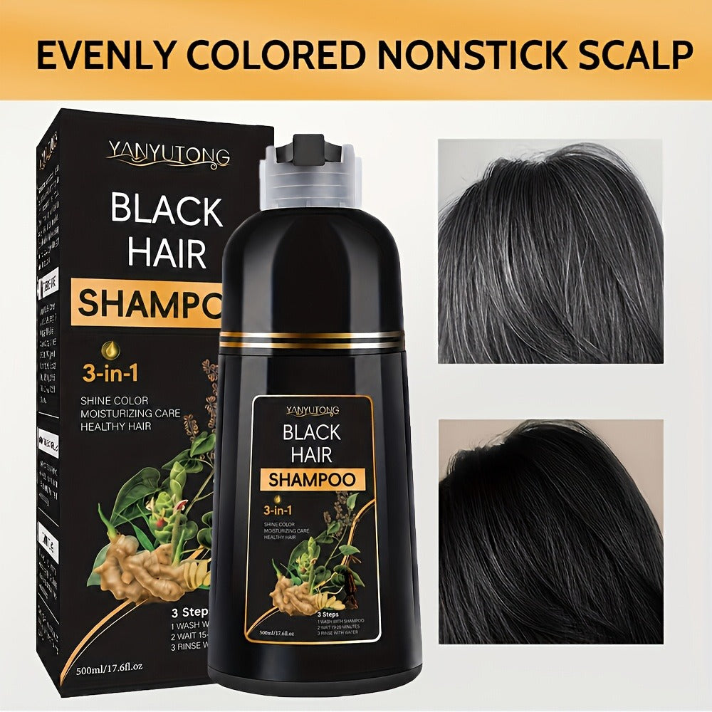 Hair Dye Shampoo, YANYUTONG 500ml Black 3-in-1 Bottle for At-Home Hair Color Application and Rinse Routine
