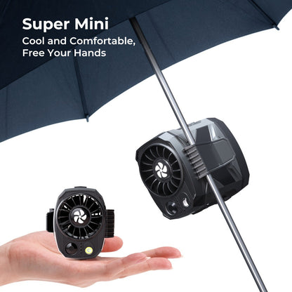 Wearable Clip Fan with Four Speed Settings, Black Housing and Optional Support Stand for Waist, Seat or Desk Use