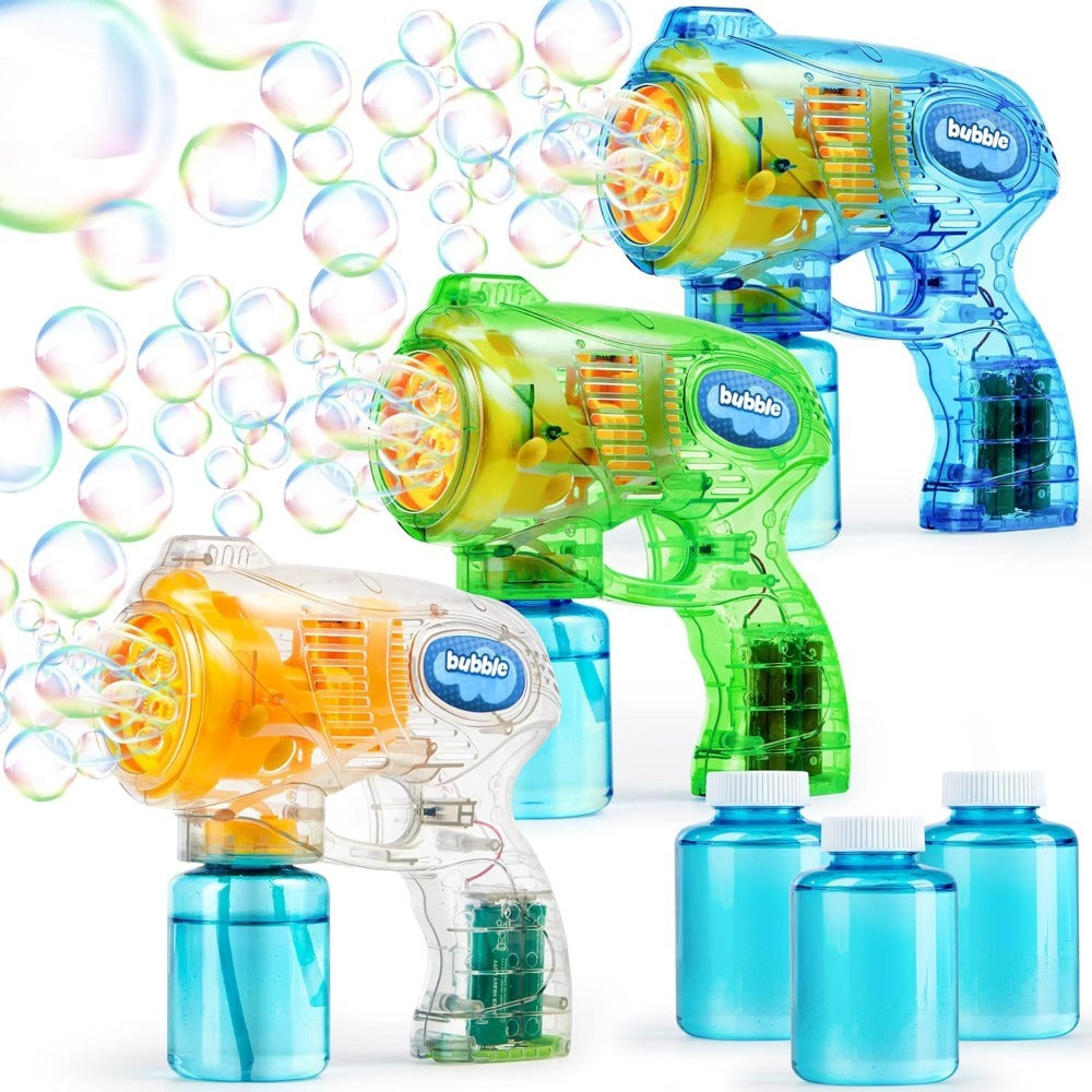 3-Pack Bubble Gun Blower with 3 Pre-Loaded Solution Refills – Hand-Powered, Color-Changing Bubbles, Ergonomic Grip, ASTM Safe, Kids Birthday Party Favor, Easter Egg Hunt, Summer Outdoor Indoor Play