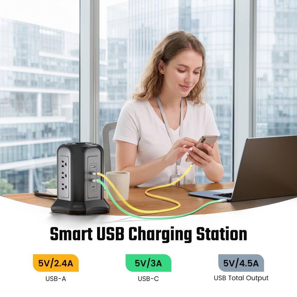 Surge-Protected Power Tower 13-in-1 with Wireless Charger, 9 AC Outlets & 4 USB Ports (2 USB-C PD18W), 1080J Surge Protector, 8ft Extension Cord – Multi-Color for Home Office Dorm