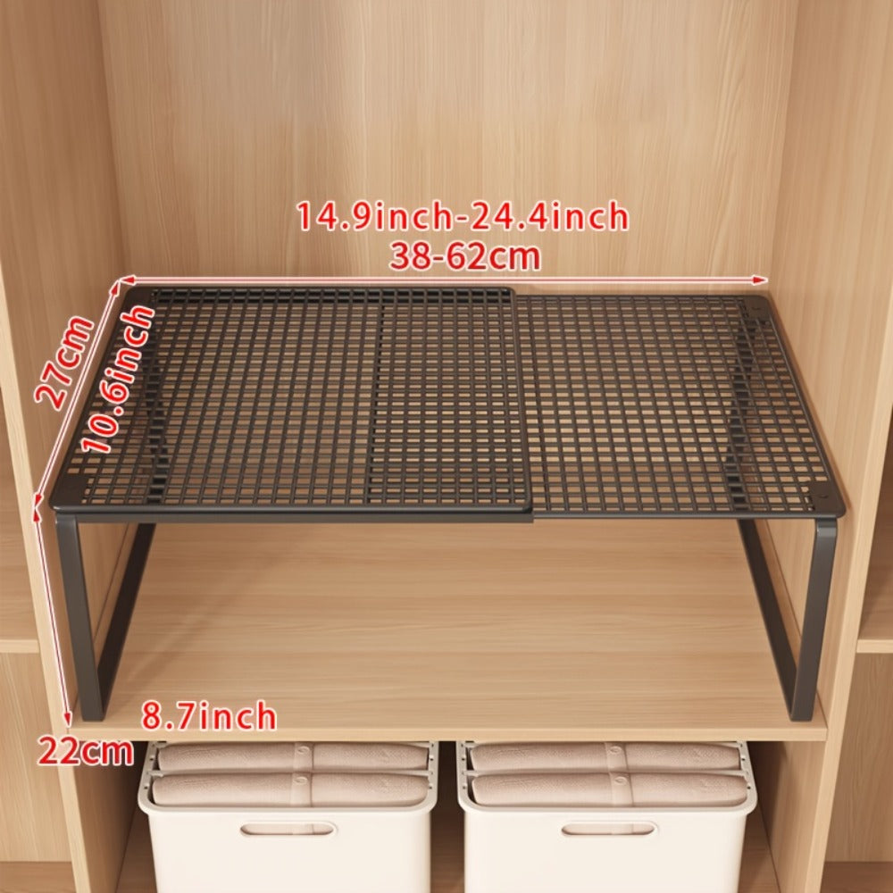 Expandable Storage Rack with Retractable Metal Shelf, Stackable Layout and Black Black Version
