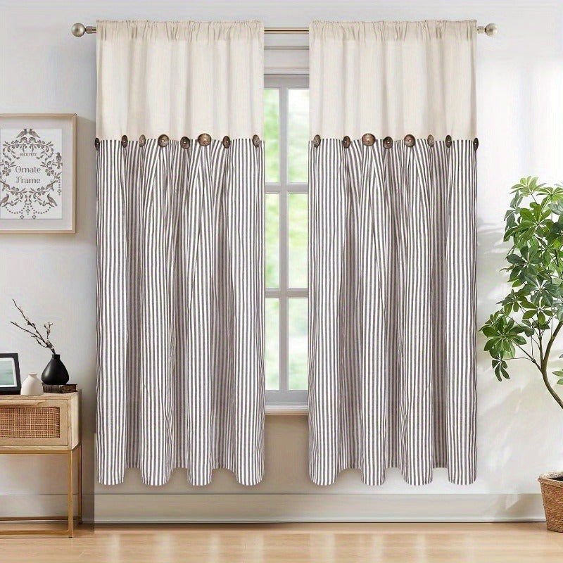 Semi Sheer Curtains Bohemian Linen Cotton Patchwork Grommet Top Window Drapes for Bedroom Living Room Kitchen Bathroom Cafe - Boho Country Cottage Style 4 Seasons 1 or 2 Panels