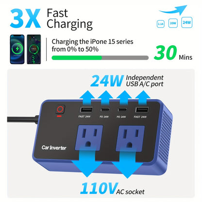200W Car Power Inverter DC 12V to 110V AC Outlet + USB-C & USB-A 4.8A 24W, Car Plug Adapter Converter for Laptop Camping Travel Road Trip – Black / Blue