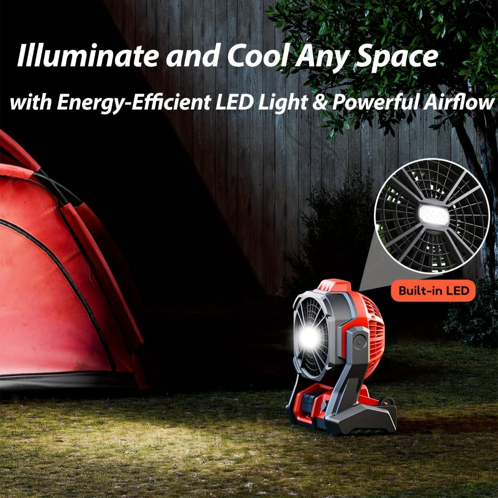 Red Cordless Work Fan for Select Milwaukee M18 Batteries with LED Light, Hanging Hook and Adjustable Tilt, Battery Not Included