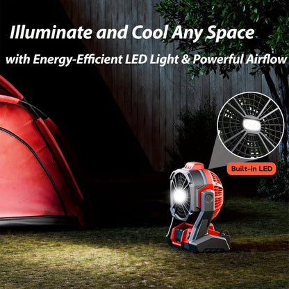 Red Cordless Work Fan for Select Milwaukee M18 Batteries with LED Light, Hanging Hook and Adjustable Tilt, Battery Not Included