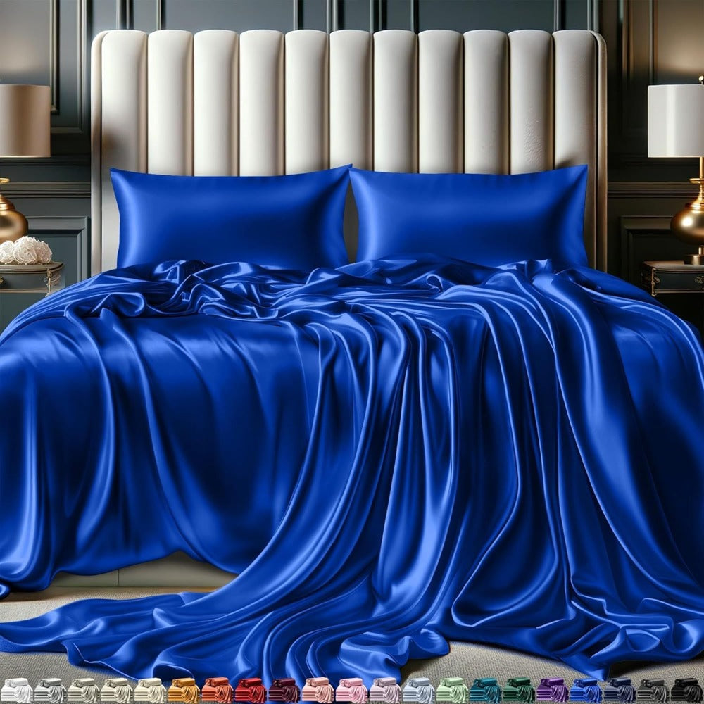 Bed Sheet Set 4-Piece Satin with 35–39 cm Deep Pocket, Machine-Washable Care and Seven Colors