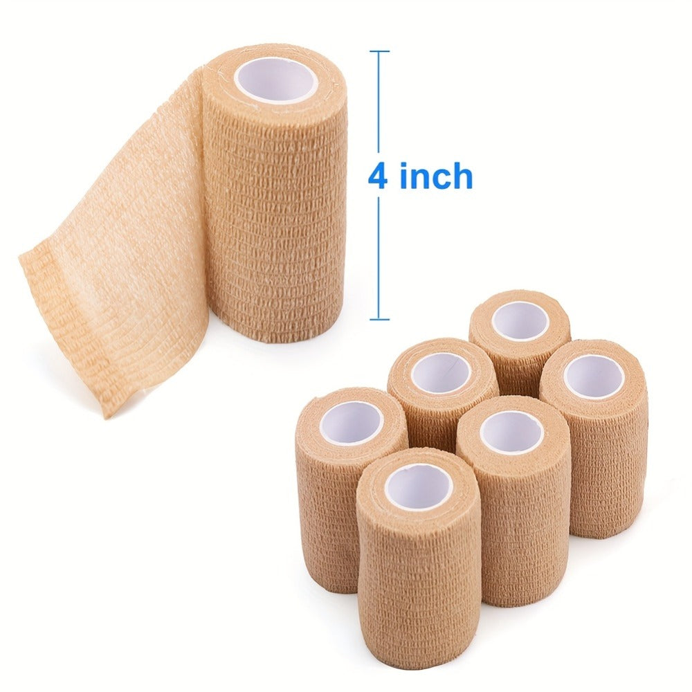 Cohesive Bandage Wrap Six-Pack with 4-Inch by 5-Yard Beige Self-Adhering Nonwoven Rolls for First Aid Kits
