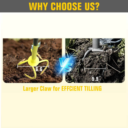 Yellow Manual Twist Tiller with Four Curved Soil Claws, T-Handle and Detachable Three-Section Shaft