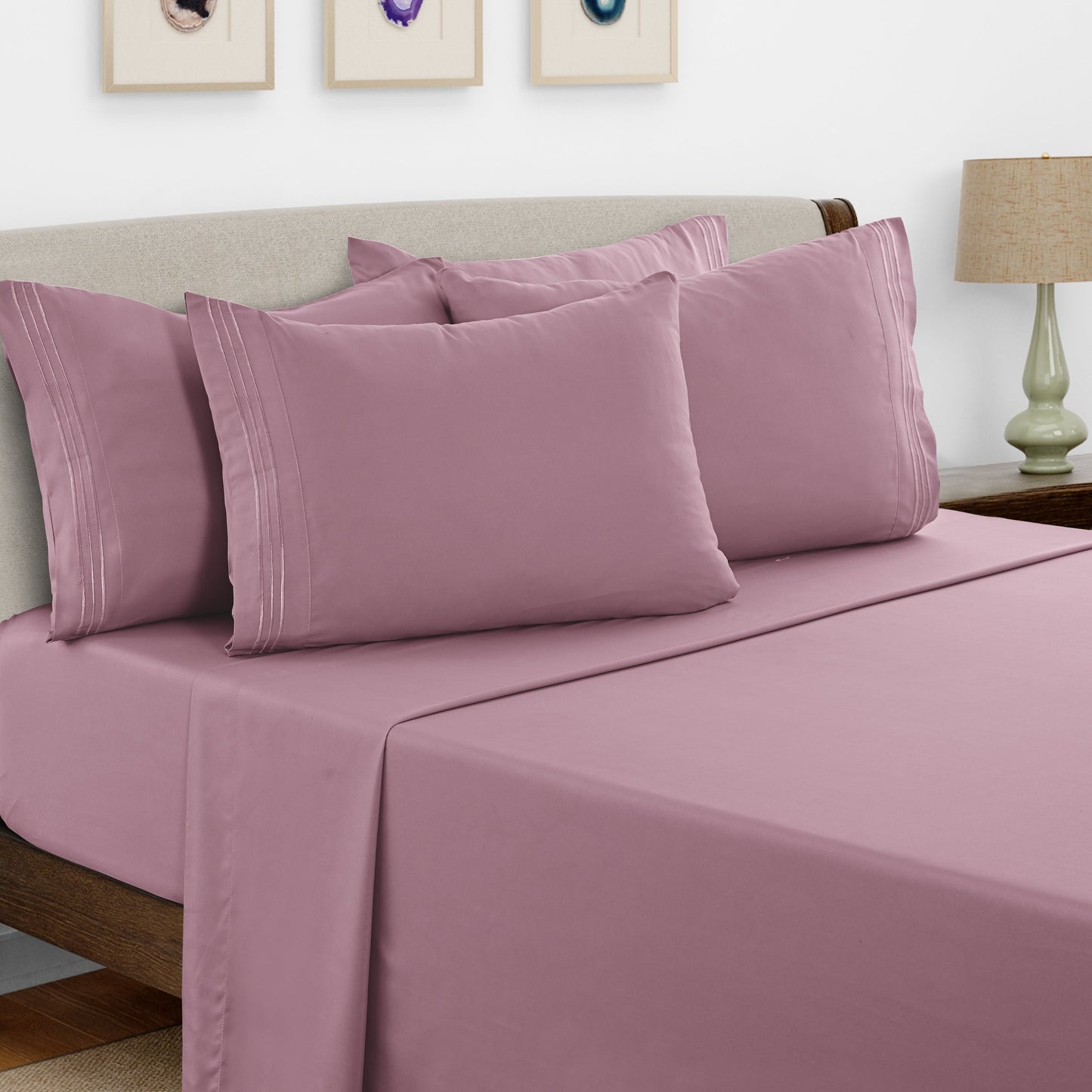 Bed Sheet Set Brushed Microfiber with Embroidered Pillowcases, 16-Inch Pocket and 4- or 6-Piece Sizing