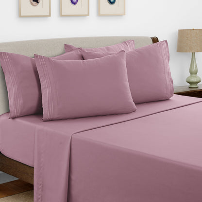 Bed Sheet Set Brushed Microfiber with Embroidered Pillowcases, 16-Inch Pocket and 4- or 6-Piece Sizing