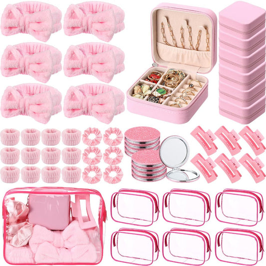 Spa Party Favors Set 48pcs for Women – Sleepover Party Supplies with Headband, Wristband, Scrunchies, Hair Clip, Jewelry Case, Makeup Bag & Mirror, Bridesmaid Proposal Gift, Girls Night Return Gifts