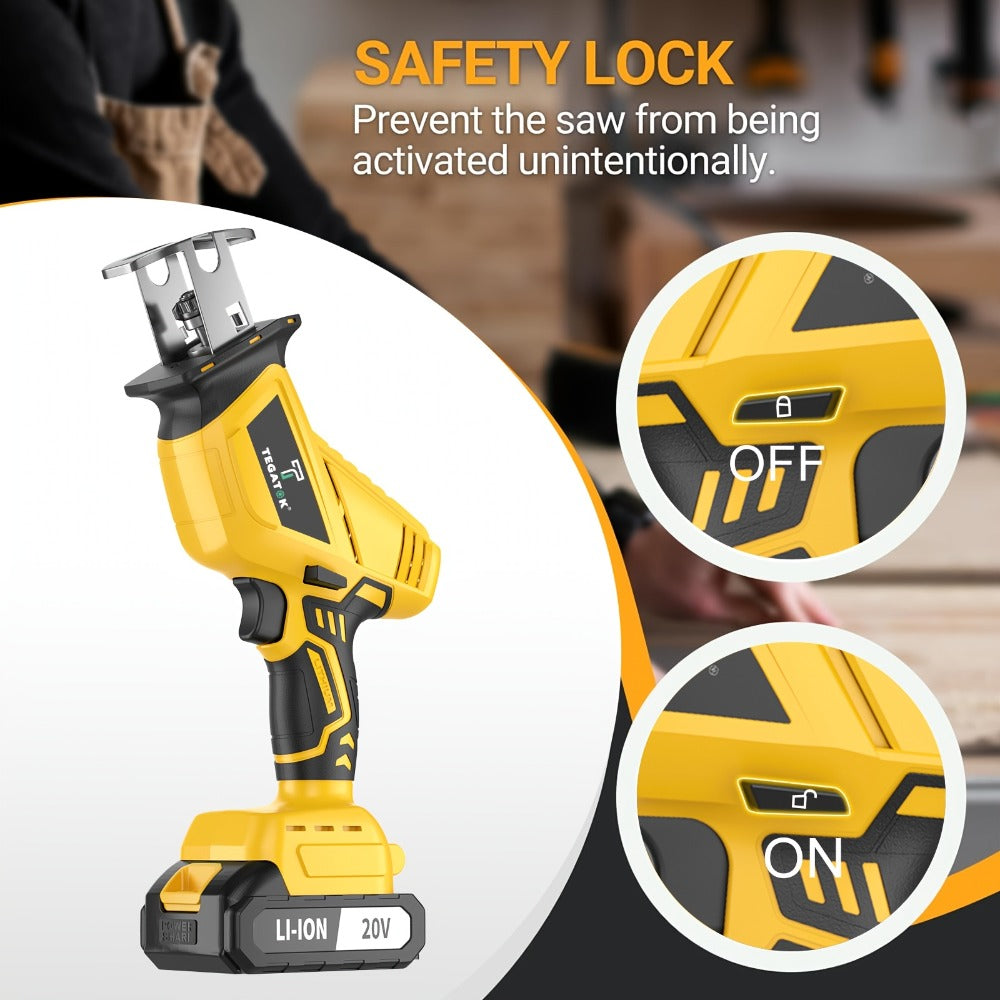 Electric Reciprocating Saw Cordless with LED Light & Safety Lock – Multi-Purpose Cutting Tool with Replaceable Blades, 1 or 2 Battery Options, Carrying Case Included