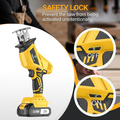 Electric Reciprocating Saw Cordless with LED Light & Safety Lock – Multi-Purpose Cutting Tool with Replaceable Blades, 1 or 2 Battery Options, Carrying Case Included