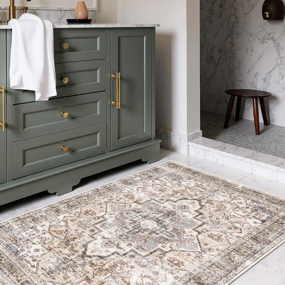 Area Rug Bohemian Retro Design in Beige or Grey with Six Foldable Machine-Washable Room Sizes