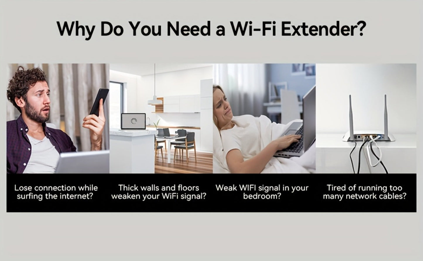 WiFi Range Extender 1200Mbps Dual-Band 2.4/5.8GHz with Four Antennas and Ethernet Port in Black