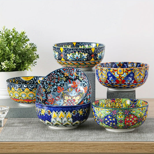 Cereal Bowl Set of 6 Bohemian Style 26oz – Colorful Ceramic Bowls for Cereal Soup Oatmeal Salad Ice Cream Pasta Microwave Dishwasher Safe Boho Kitchen Decor Gift for Home
