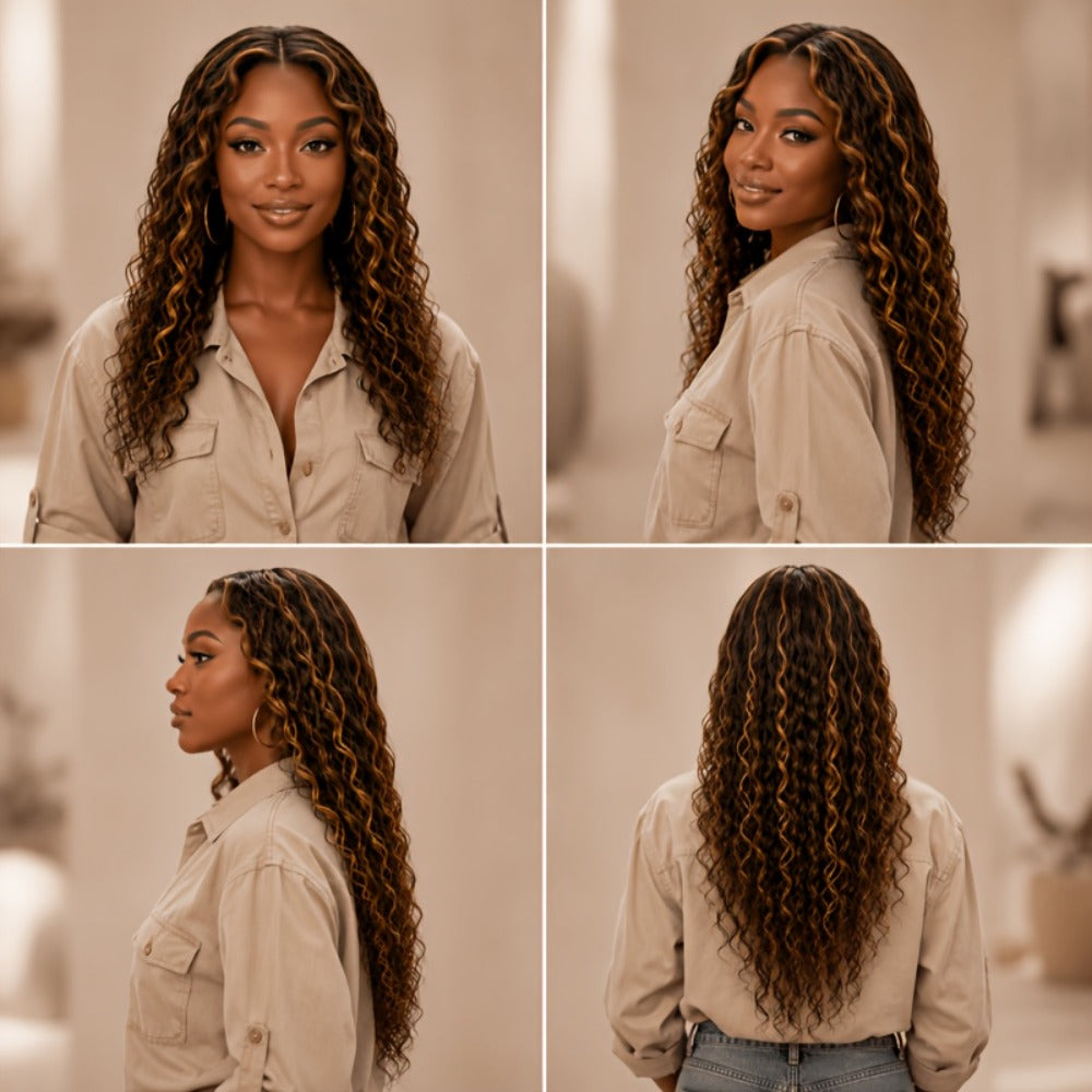Lace Front Wig 24in Kinky Curly Synthetic Style with 1x4 Lace and Dark Brown Golden Highlights