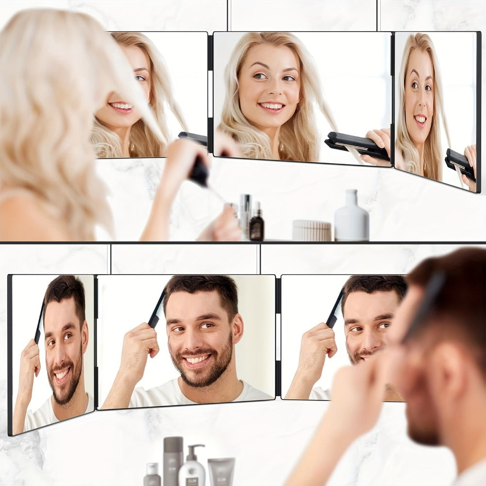Folding 3 Way Mirror for Hair Cutting 360° View HD Glass, Three-Sided Barber Mirror Adjustable Height Telescopic Door Hook Wall Mount USB Powered, Self Haircut Mirror for Men Women Shaving Beard Makeup