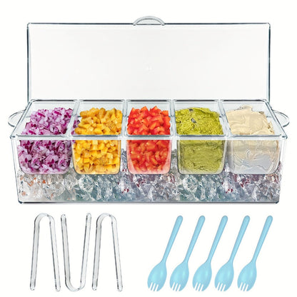 Bar Serving Tray on Ice with 5 Compartments & Lid – Garnish Condiment Platter with 5 Forks & 3 Pliers, Clear Fruit Tray for Bar, Party & Entertaining