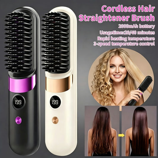 Cordless Hair Straightening Brush USB Rechargeable Portable Heated Straightener Comb Mini Travel Hair Straightener with Heat Protection for Women Men Beard Daily Use Gift 2000mAh 3600mAh