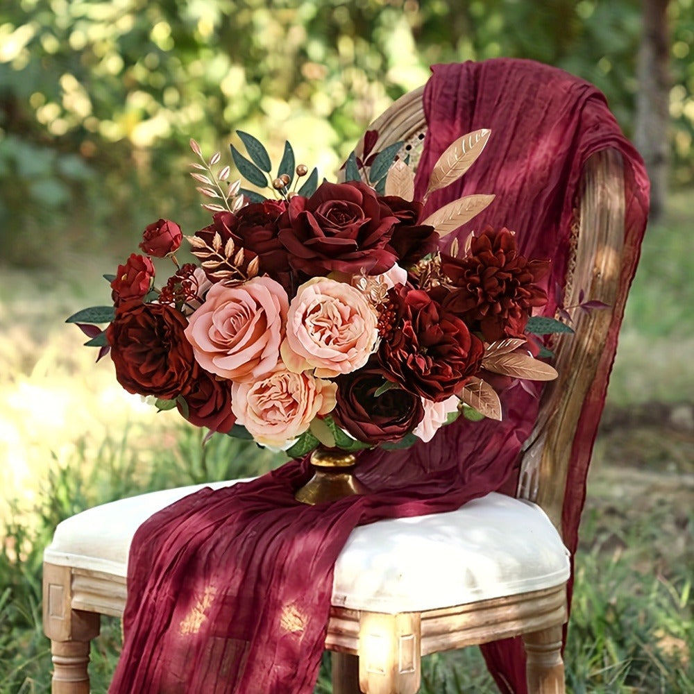 Artificial Flowers 12-Piece Wine Red Plastic Rose Bouquet for Wedding, Halloween and Tabletop Decor