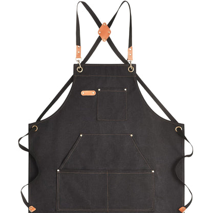 Black Crossback Canvas Work Apron, 27 x 32 Inch Bib with Three Utility Pockets and Long Straps for Kitchen or Workshop