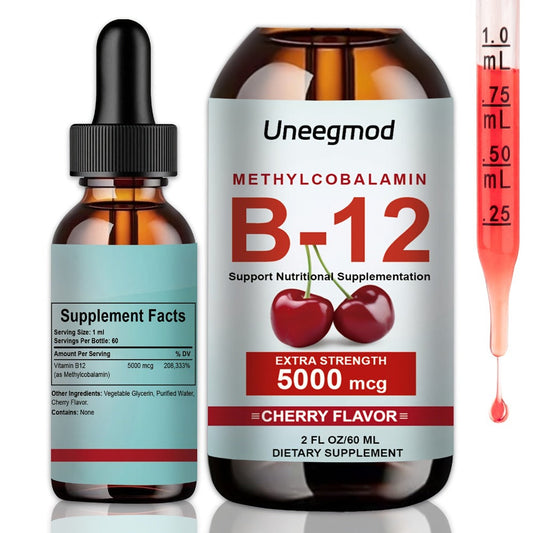 Sublingual Vitamin B12 Liquid Drops 5000mcg Methylcobalamin — Fast-Absorbing Cherry Flavour B12 Supplement for Energy Nerve & Brain Health Sugar-Free for Women and Men 2 fl oz