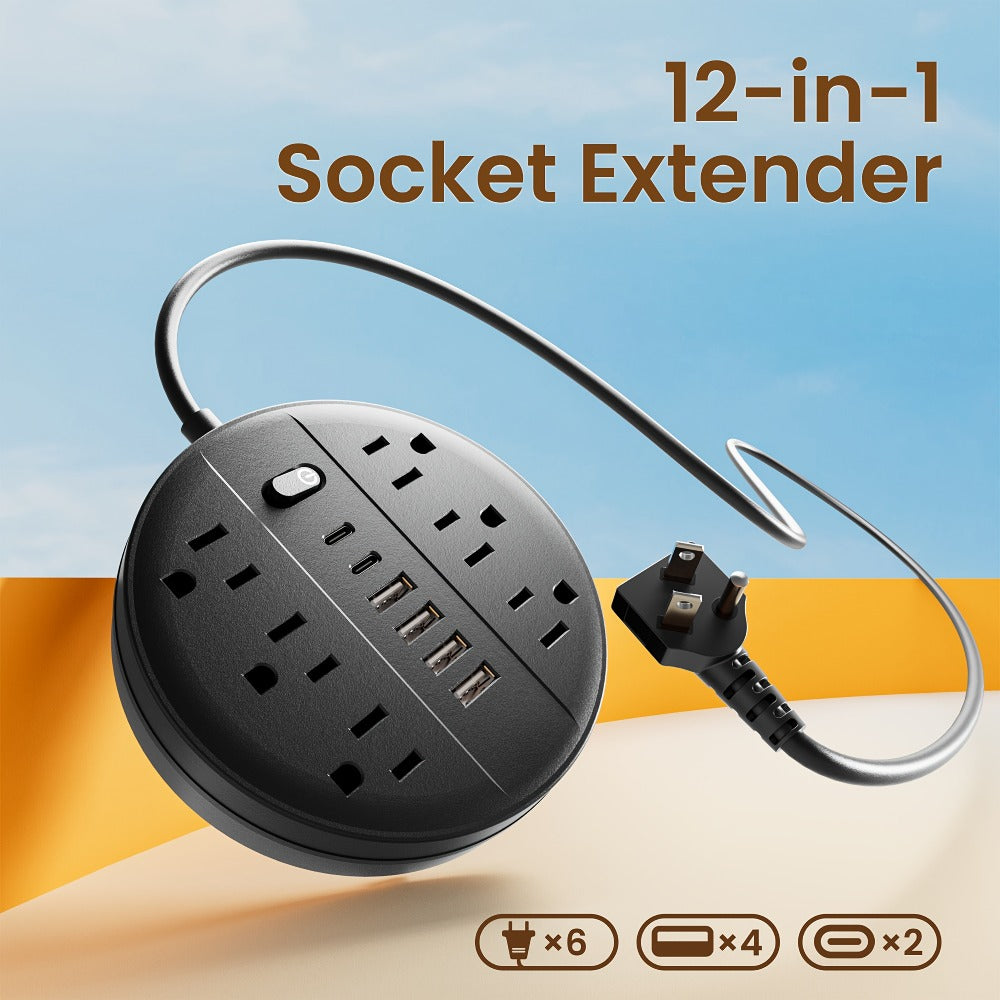 Wall Mount Power Strip Surge Protector 12-in-1 with 6 AC Outlets 4 USB-A 2 USB-C Ports Portable Compact Multi-Outlet Charging Station Wall-Mountable Extension for Home Office School – Black & White