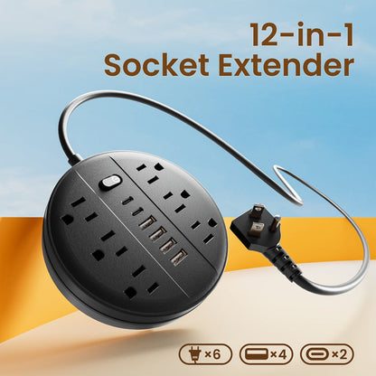 Wall Mount Power Strip Surge Protector 12-in-1 with 6 AC Outlets 4 USB-A 2 USB-C Ports Portable Compact Multi-Outlet Charging Station Wall-Mountable Extension for Home Office School – Black & White