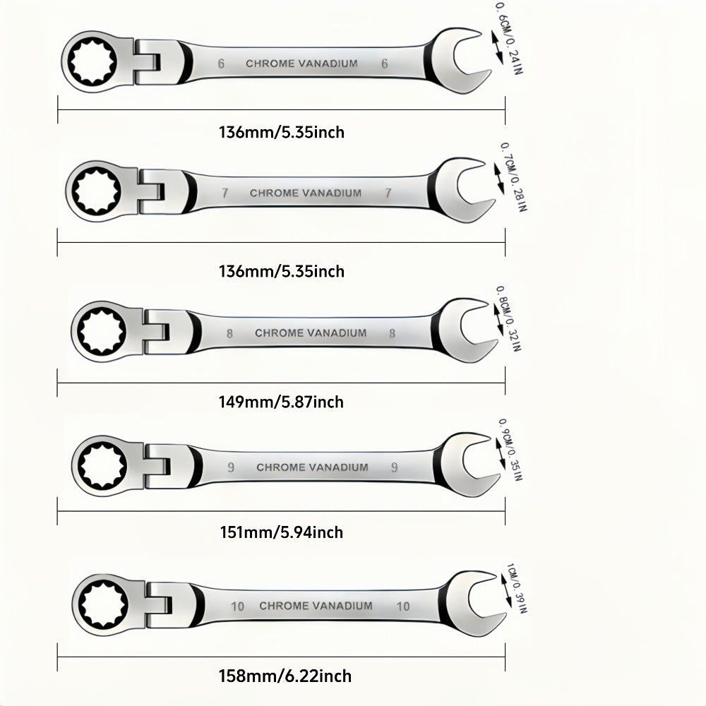 CR-V Flex Head Ratchet Wrench Set 5-Piece – 2-in-1 Reversible Open End & Hex Socket Dual-Purpose Kit | Automotive Engine Bay, Plumbing, DIY Workshop & Confined Space Repair