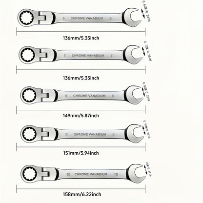 CR-V Flex Head Ratchet Wrench Set 5-Piece – 2-in-1 Reversible Open End & Hex Socket Dual-Purpose Kit | Automotive Engine Bay, Plumbing, DIY Workshop & Confined Space Repair