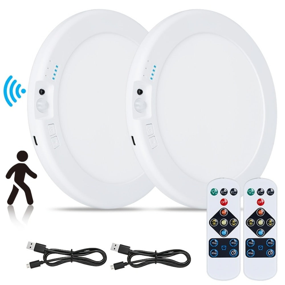 Wireless LED Ceiling Light with Motion Sensor 2 Pack - 5500mAh Rechargeable, Remote Control, 3 Brightness Modes, Magnetic Mount, No Wiring for Living Room, Kitchen, Bathroom, Hallway & Corridor