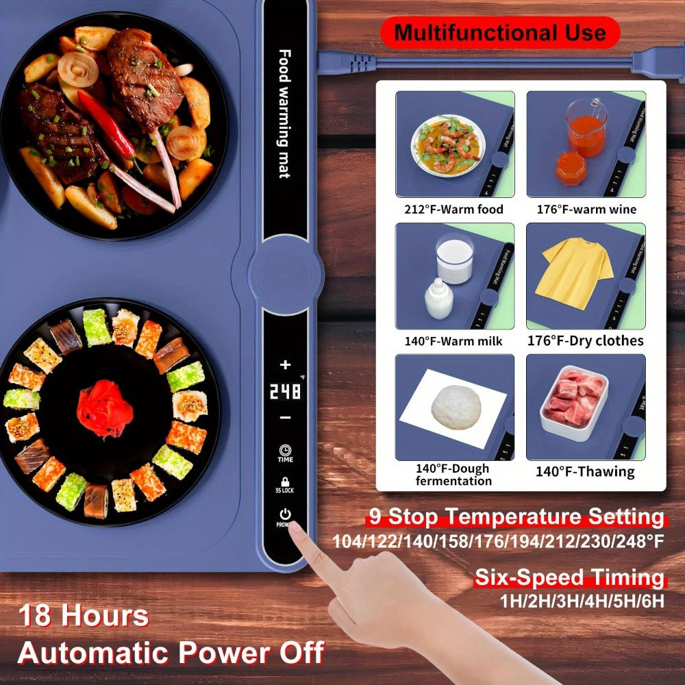 Electric Food Warming Mat with 6 Temperature Levels & 6-Hour Timer – Full Surface Roll-Up Heating Tray for Holiday Parties Buffets Dining Table Keeps Food Warm Blue Beige