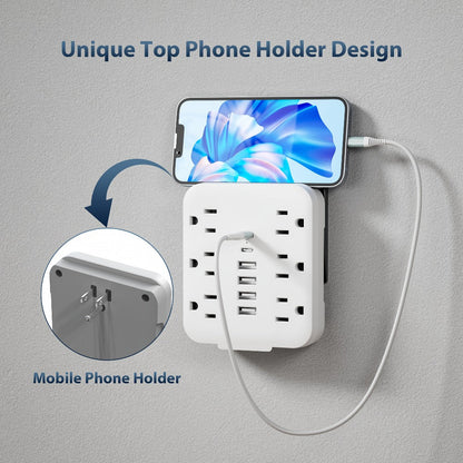 Power Strip Compact 12-in-1 Outlet Extender with 6 AC Outlets, 4 USB-A, 2 USB-C and Black or White Finish