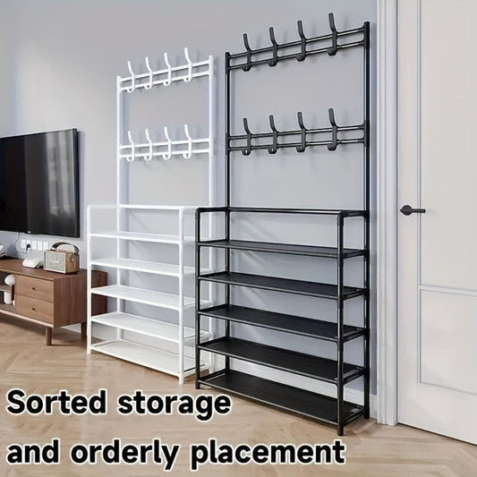 Shoe Rack Floor-Standing Organizer with 8 Double Hooks and 3-Layer or 5-Layer Black Options