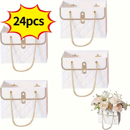 Paper Flower Bouquet Gift Bags with Metal Chain Handles in Black, Pink, White or Mixed Colors, 12–48 Pack Options