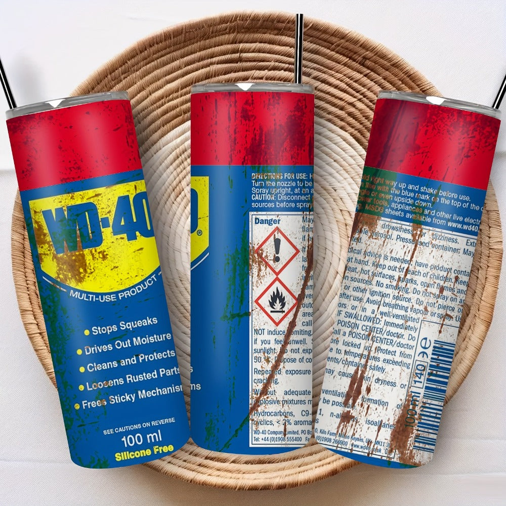 Insulated Tumbler 20oz WD-40 Can-Style Graphic on White Stainless Steel Travel Mug with Lid and Straw