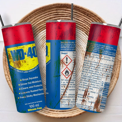 Insulated Tumbler 20oz WD-40 Can-Style Graphic on White Stainless Steel Travel Mug with Lid and Straw